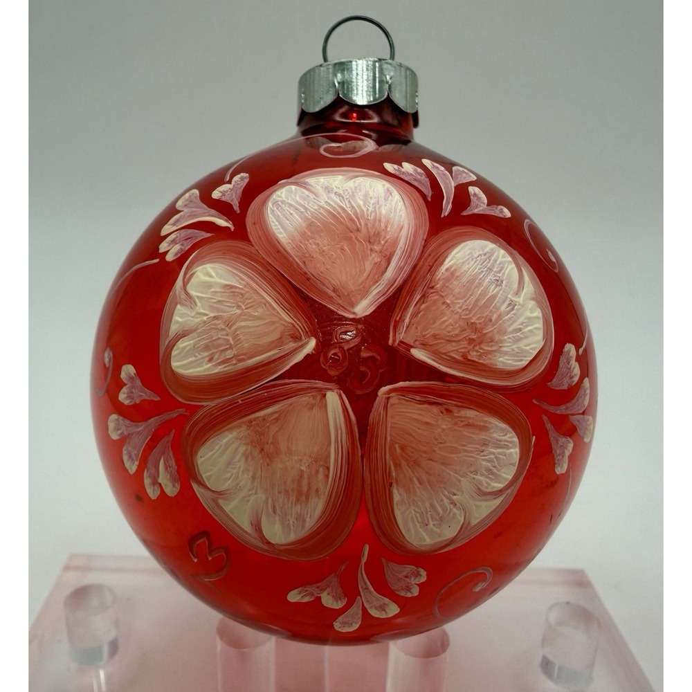 Vintage Polish Hand Painted Flowers Hearts Ruby Red Ball Christmas Ornament 2"
